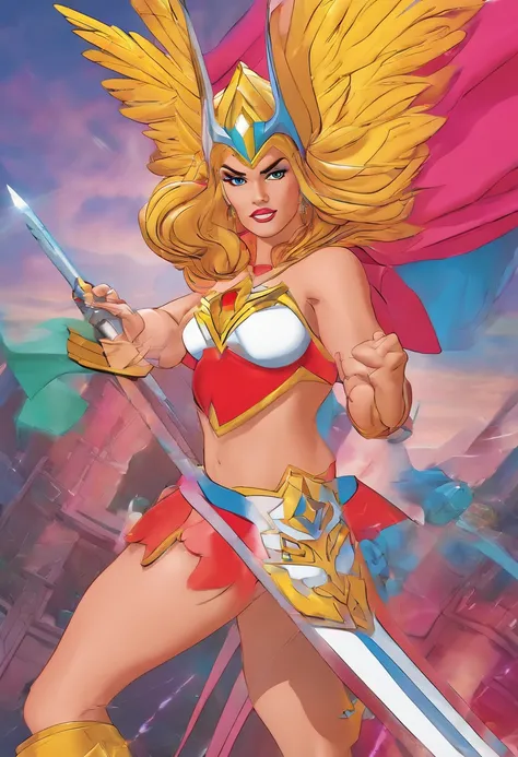 criar a personagem She-ra de Princes of Power, Characters from an 80s comic book series, criado por J. Michael Straczynski e Larry DiTillio, fotorrealista, com detalhes ricos, ambiente, 32 mil