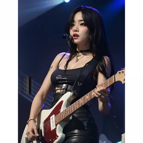 Araffe Woman in Black Top tocando uma guitarra no palco, Retrato de Jossi de Blackpink, Dom Yunjoo, Tiffany, tocando guitarra no palco, Jinyoung Canela, imagem vazada, Jaeyeon Nam, jia, Heonhwa Choe, bottom angle, Ui, Mina Myōi , Gongbi, tomada em 2 0 2 0,...