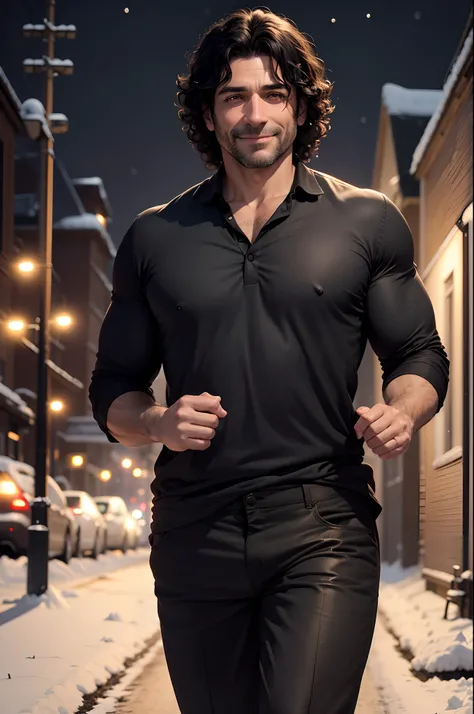 realistic, 8k image of a 40 year old man, man, medium sized curly black hair, strong, mocking smile, dressed in a casual black blouse and black pants, leaving a dark house, snow, night