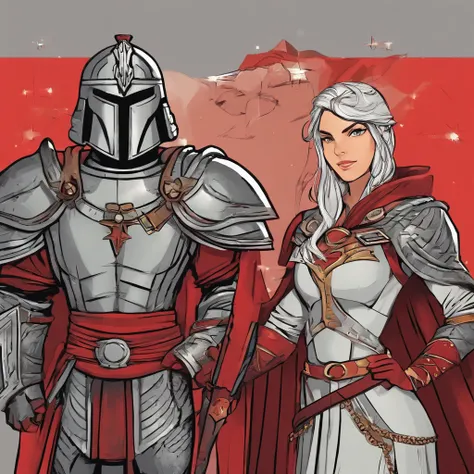 Centurion warriors,  red and grey, male and female working together, man and woman side by side, happy, celebrating, Full body Beautiful anime style girl, clean detailed faces, intracate clothing, analogous colors, glowing shadows, beautiful gradient, dept...