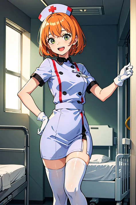 1girl, solo, nurse, nurse cap, white wear, ((white legwear, zettai ryouiki)), white gloves, very short hair, orange hair, smile, open mouth, standing, ((hospital room)), sharp outline, short sleeves, tomboy, boyish, best quality, masterpiece