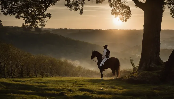 Un hombre con una larga y frondosa cabellera blanca, la cual hace juego con su espesa barba, se acerca a lo lejos por una calle empedrada, He wears a tunic of impeccable white and leans on a dark cane on whose metal hilt the first rays of the sun are refle...