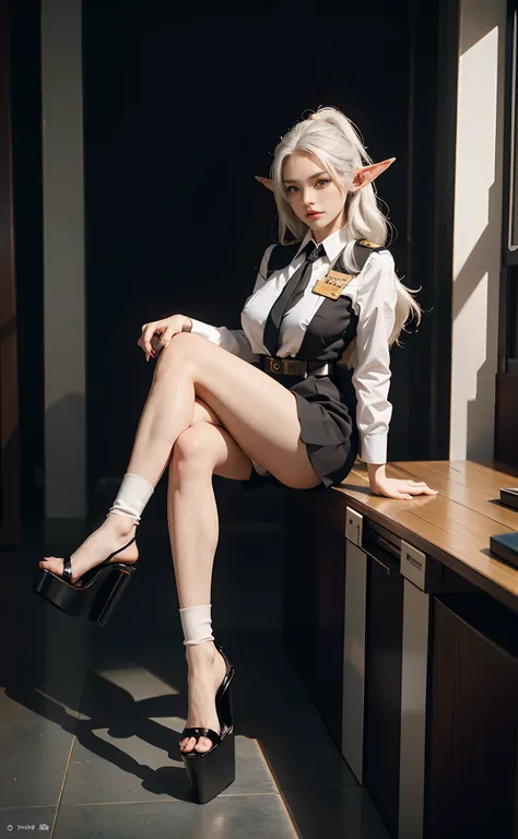 （Extremely normal body:2.0）office room：1 Elf beauty，flightattendantuniform，(ears of elf)，Short silver-white hair，flightattendantuniform)，Black short stockings，Black socks, Black socks，Translucent black socks，Platform heeled sandals，Normal feet ， very detai...