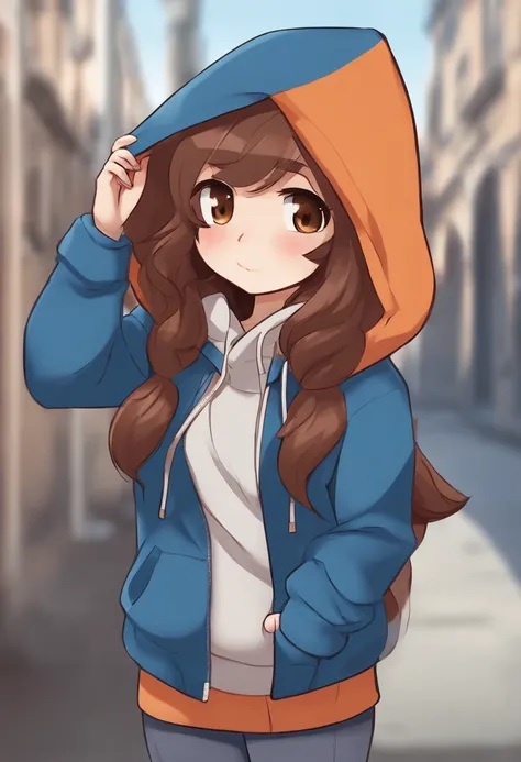 a NSFW cartoon girl in a blue hoodie with a brown hair, jaidenanimations, cel shaded!!!, wearing a blue hoodie, unknown artstyle, madeline from celeste, anime moe artstyle, in a hoodie, cartoonish cute, female protagonist 👀 :8, [ digital art ]!!, coloured ...