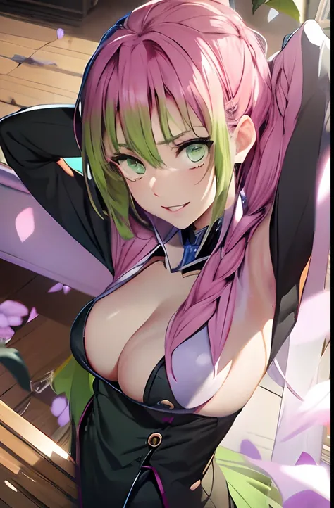 Mitsurikan Log, mitsuri kanroji, braid, Gradient Hair, (Green eyes:1.5), Green hair, Long hair, Mole, Mole under the eyes, multicolored hair, Pink hair, Twin braids, Two-tone hair, Brake belt, Black skirt, cleavage, coat, demon slayer uniform, haori, Komon...