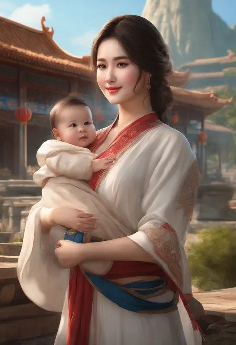 {{masterpiece, best quality, extremely detailed CG, unity 8k wallpaper, cinematic lighting}}, traditional Chinese ink painting, 1girl, 1baby, young woman holding a baby, full body, ancient architecture, blue sky, sunny day, wooden architecture, prominent p...