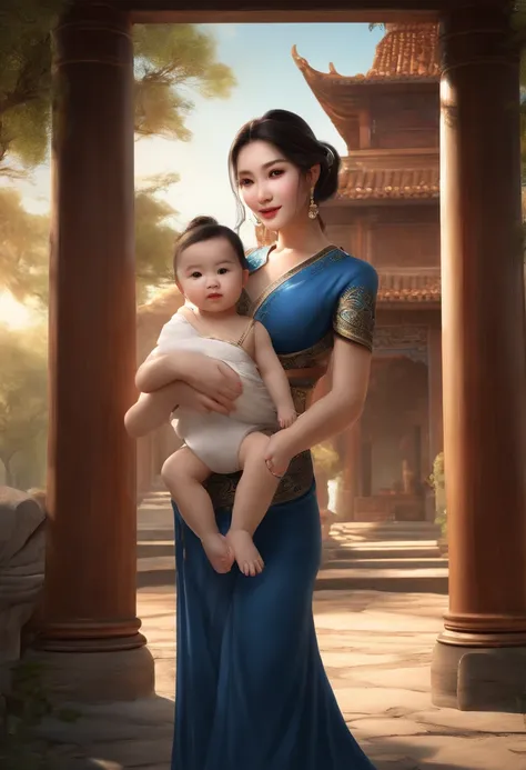 {{masterpiece, best quality, extremely detailed CG, unity 8k wallpaper, cinematic lighting}}, traditional Chinese ink painting, 1girl, 1baby, young woman holding a baby, full body, ancient architecture, blue sky, sunny day, wooden architecture, prominent p...