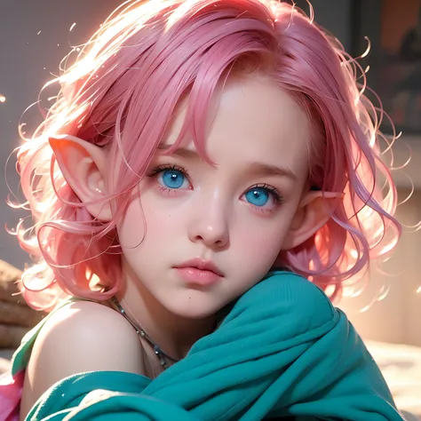 Child, girl, cute, sad, elf, short curly hair, small, pink hair, blue eyes, elf, destroyed background, chaos, fire