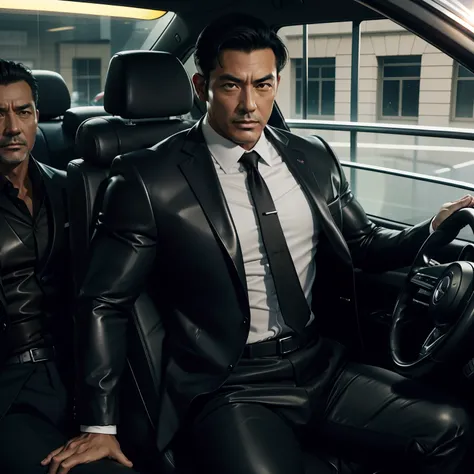 50 years old,daddy,shiny suit sit down in car,k hd,in the office,muscle, gay ,black hair,asia face,masculine,strong man,the boss is,handsome,sex,leather gloves,lecherous dad,look straight ahead,father drove his son to school