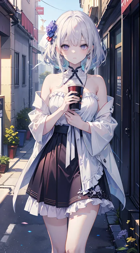 (ultra-detailed,highres,best quality:1.2),purple-eyed anime girl holding a cup,white-haired deity, Ayaka Kamisatos impact, silvery-white hair, inspired by the game "Blue Alley," smooth anime CG art, from "Girls Frontline," todays featured anime still, Haji...