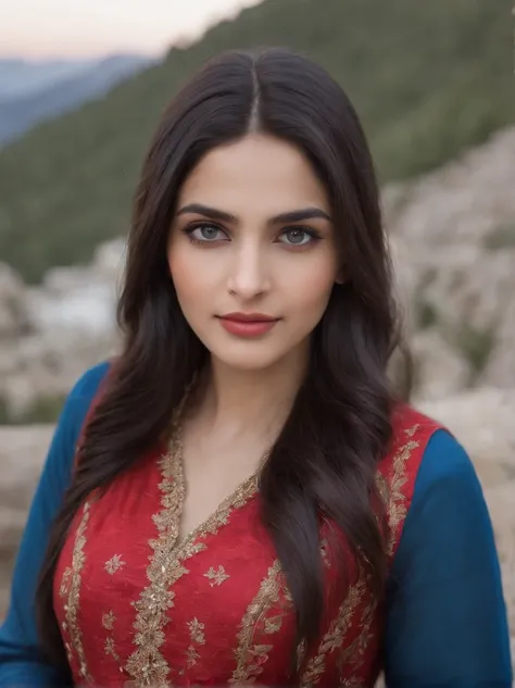 "A photorealistic portrait of a 20-year-old pakistani muslim girl with long, white skin flowing black hair and striking blue eyes .looking at camera Wearing red gown. She should have a natural, approachable expression and be illuminated by soft . The backg...