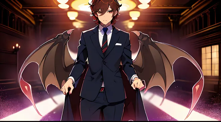 Man, solo, brown hair, medium hair, {business suit, tie, demon panties, }, horrified, male demons in background