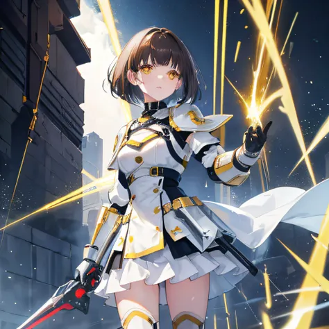 brunette color hair，short detailed hair，By bangs，Yellow eyes，adolable，teens girl，white  clothes，Wearing a high-tech armor skirt，Science fiction elements，holding laser swords