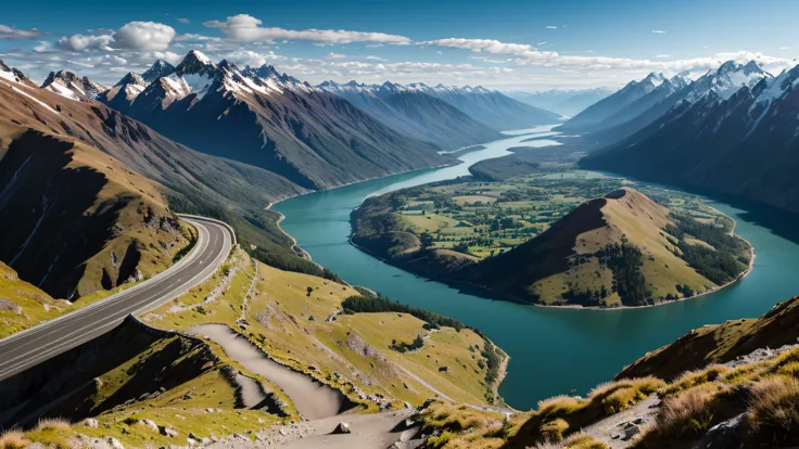 mountains with a river and a road in the middle of them, a detailed matte painting by Etienne Delessert, unsplash contest winner, visual art, new zealand, overlooking a valley, canada, looking down on the view, futuristic valley, breathtaking scenery, ryan...