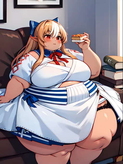 Fat shiranui flare, Fluffy and fat face, Obese Body, Big Cheeks, dark elf, panties, white dress, blue bow, hair bow, red ribbon, neck ribbon, Fattening , eating a lot