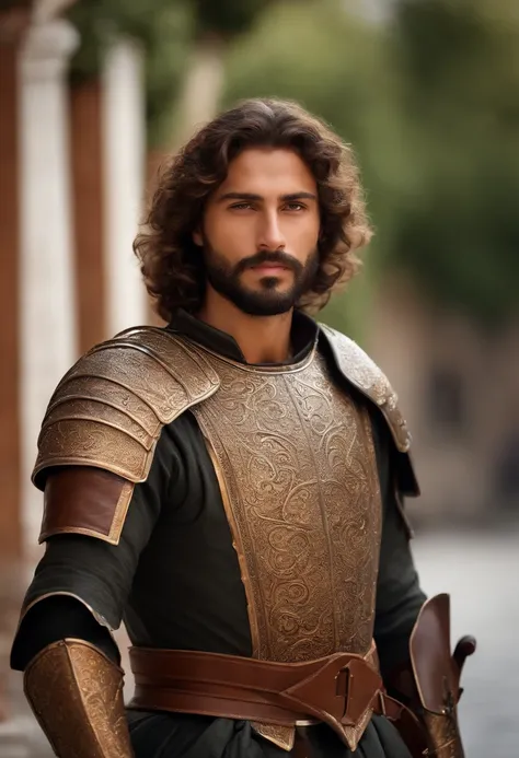 Italian man with beard, slight smirk, smirk, young, smile, curly hair, olive skin, tan skin, shoulder length hair, laminar leather armour, bright skies, brown hair, short beard, renaissance, renaissance armour, Venice, renaissance city, Italian city, Italy...