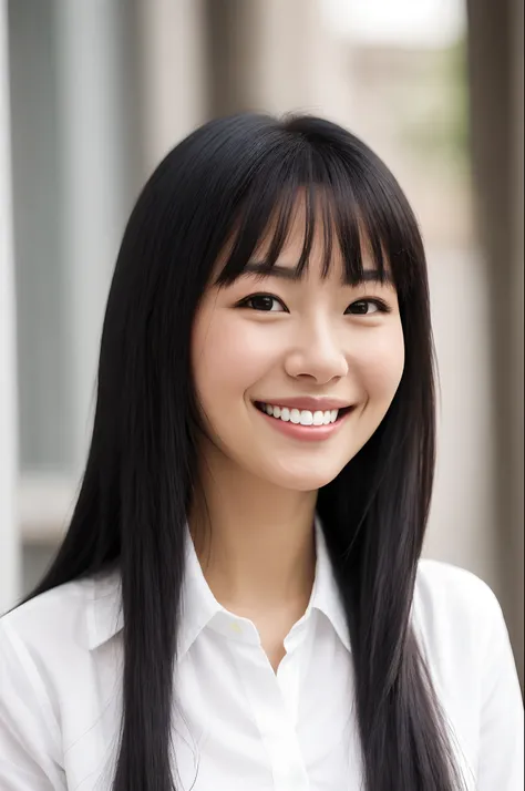 close up of a woman with long black hair and a white shirt, candid photo, portait photo profile picture, with cute - fine - face, slight cute smile, with lovely look, with long hair, with accurate face, lovely smile, beuatiful face, with a beautifull smile...