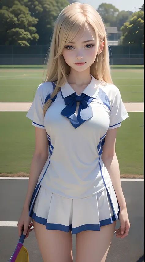 1girl in、Top image quality、Young Adult Women、hposing Gravure Idol、a blond、blue eyes、Lacrosse court on background、Lacrosse Uniforms、Buruma、A slender、realisticlying、ren、A slight smil、Be sure to draw your face、Correctly depict the structure of the human body、...