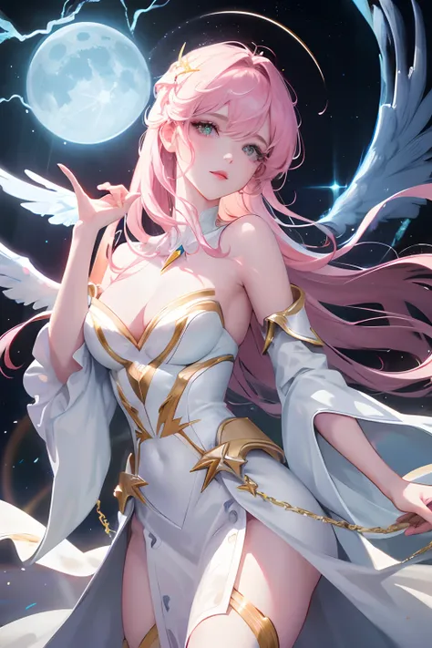 Best quality, Masterpiece, Anime style, Beautiful woman angel,Floating in the air ,Lightning corona,There are four beautiful large white wings ,Moon, Starcloud, meteors, Wearing a beautiful white dress, Eyes with super beautiful details, Precise iris depic...