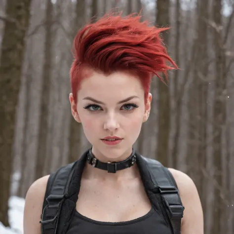 highly detailed photo realistic,Postpunk girl, Mohawk haircut, stockings, combat boots , Winter Snow, red Mohawk hair, 85mm Bokeh, black and black colors, fitness, strong