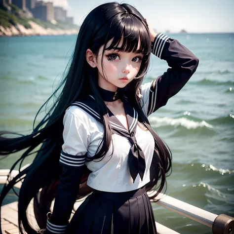 a sailor suit，Black color hair，long whitr hair，girl