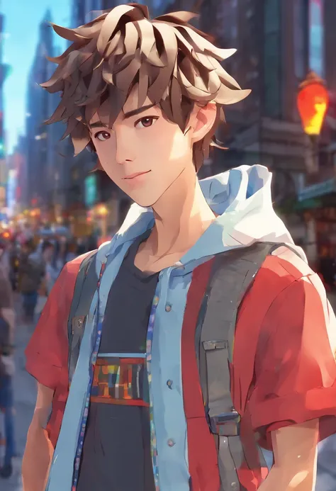 A boy, transformed into an anime style, with exaggerated unique facial features and clothing, standing on a bustling city street, backlit background highlighting the subject, high-contrast colors, 4K high-definition quality，young, smiling, handsome ,funky ...