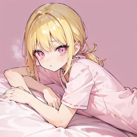 Light yellow hair，Double ponytail hairstyle，Pink eyes，Pink pupils，teens girl，Short-sleeved pajamas，Shorts pajamas，Bedroom on pink background，Lie down in bed