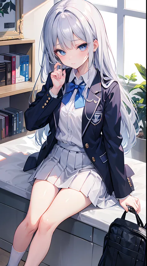 Silver hair blue eyes with heart shape pupils in school uniform blushing while sitting