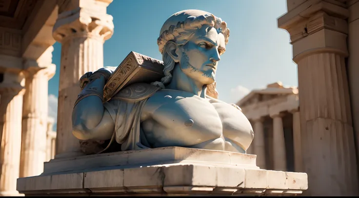 Ancient Greek statue with angry expression, outside, com rosto extremamente detalhado full body view, Colors with low saturation with dark tone, Filmado em Sony A7S III com Sony FE 35mm f/1.8, 12.1 MP, --AR 3:2 --estilo cru