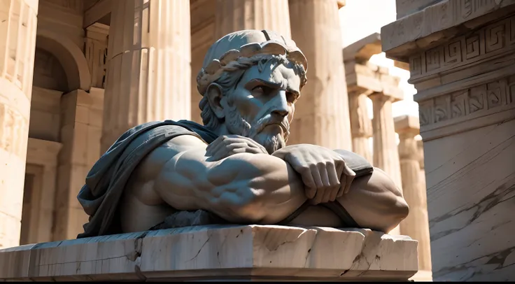 Ancient Greek statue with angry expression, outside, com rosto extremamente detalhado full body view, Colors with low saturation with dark tone, Filmado em Sony A7S III com Sony FE 35mm f/1.8, 12.1 MP, --AR 3:2 --estilo cru