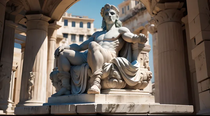 Ancient Greek statue with angry expression, outside, com rosto extremamente detalhado full body view, Colors with low saturation with dark tone, Filmado em Sony A7S III com Sony FE 35mm f/1.8, 12.1 MP, --AR 3:2 --estilo cru