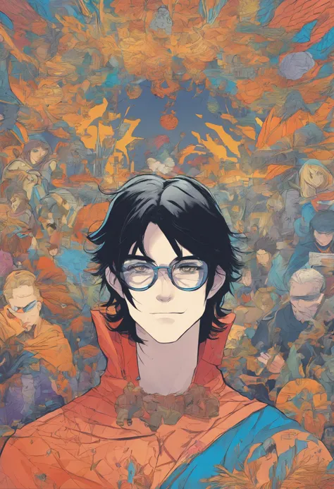 male people，By bangs，Black hair，Black shirt，blue eyess，Hair between both eyes，Bad eyes，wears glasses，looking looking at viewer，独奏，hair messy，a bitter smile