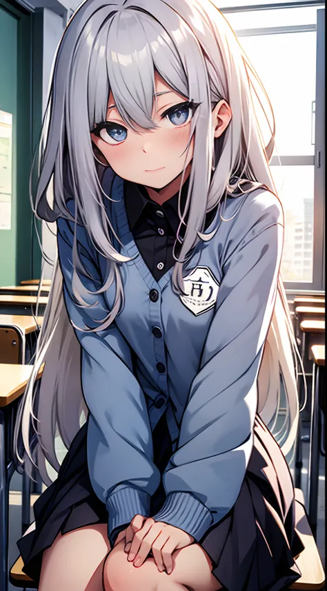 Silver hair blue eyes with heart shape pupils in school uniform blushing while sitting