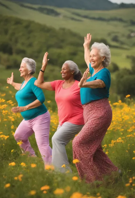 A vibrant and colorful real photo of a group of diverse women over 50, all radiating confidence and joy. They are depicted engaging in various activities such as yoga, hiking and dancing, representing the importance of physical and mental well-being. In th...