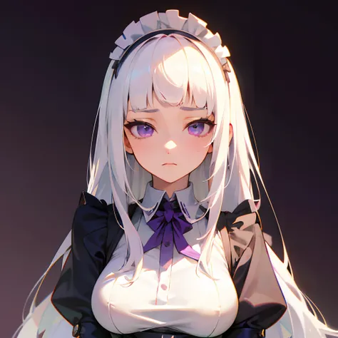 1girl, long white hair, blunt bangs, purple eyes, maid suit, medium breast, stoic expression, solo, best quality, masterpiece, portrait, simple background, looking at the camera, from the front, 1result, vibrant, detailed, perfect anatomy, detailed art, hi...