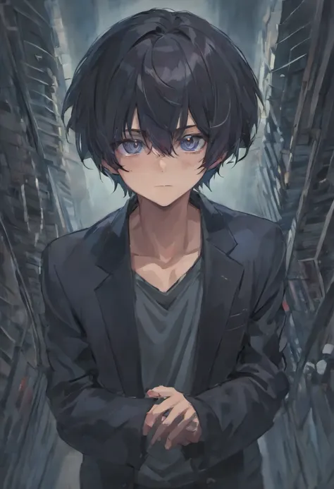 male people，By bangs，Black hair，Black shirt，blue eyess，Hair between both eyes，Bad eyes，eye glass，looking looking at viewer，独奏，hair messy，a bitter smile，年轻，Long body