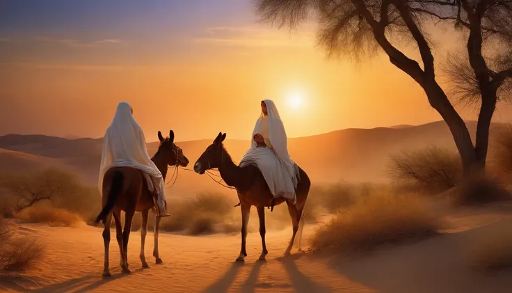 Create an enchanting image of Mary and Joseph, the holy couple, on their nightly journey, with a bright star in the sky guiding their path. They are carefully mounted on a donkey, which walks gracefully through the desert. The scene is serene and filled wi...