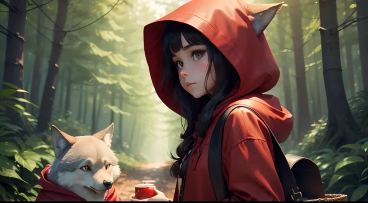 movie picture quality，Disney animation，Disney animated films，(Little red riding hood (in the forest on the path，red coat and hood， wicker basket in the hands)), (Big bad wolf (anthropomorphic wolf))，depth of fields，high light，Real light，Ray traching，oc ren...