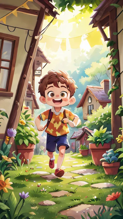 Watercolour. Boy, brown hair, smiling, very cheerful, running, dressing gardener and white blouse, front view, full body, the background is a beautiful and cozy house in the countryside, garden with flowers, sunny, perfect quality, (mess-house: 0.8), (mast...