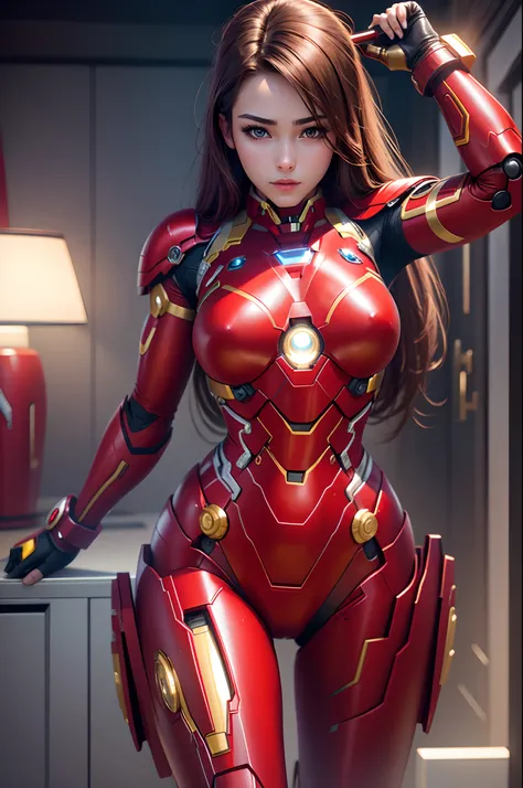 8k, realistic, attractive, highly detailed, a 20 year old girl a sexy and attractive woman inspired by Iron Man wearing a shiny Iron Man mech. She dresses with sexiness and confidence, perfectly interpreting Iron Man&#39;s strength and charisma. The abando...