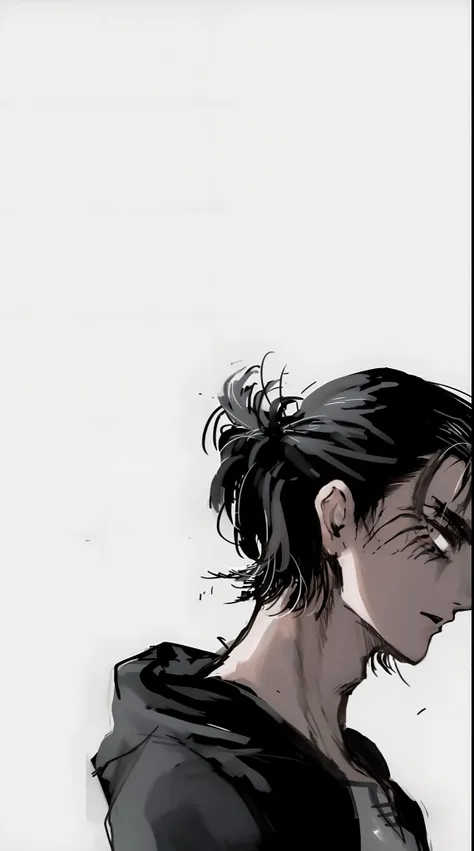 anime, a man with a ponytail and a hoodie looks down, handsome guy in demon slayer art, levi ackerman, eren yeager, portrait of eren yeager, manga style of kentaro miura, kentaro miura manga art style, with his long black hair, male anime style, style of h...