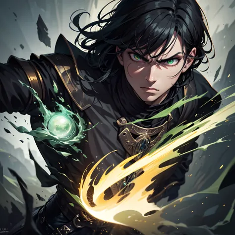 best quality,4k,highres,ultra-detailed,realistic,professional,(dark fantasy,1.1),(medieval,1.1),homem,black hair,intense green eyes,angry expression,detailed facial features,dark fantasy background,medieval attire,sharp focus,vivid colors