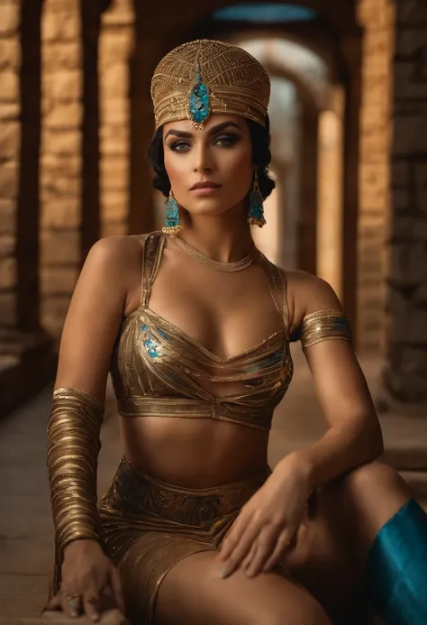 Photo of jortega in a semi transparent Cleopatra outfit, solo, blue eyes, reverse bob haircut, big breasts, facing camera, open exterior hallway with stone walls and floors, warm atmosphere, photograph, photoshoot, Captured by Panavision Panaflex Platinum ...