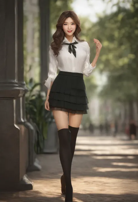 Shoes entire body, feet in view, Cinematic soft lighting illuminates a stunningly detailed and ultra-realistic beautiful Asian supermodel, American school girl look, short skirt, thigh high stockings, long messy windy dark blonde hair, clear green eyes, ca...