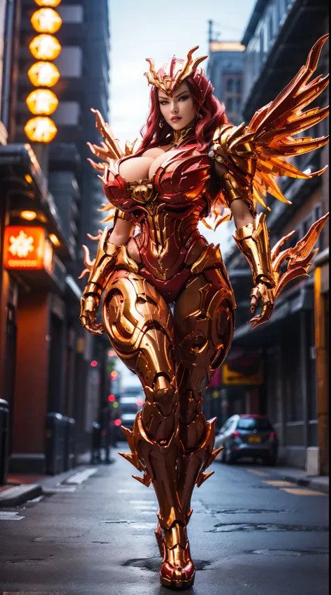 (dragon queen), huge fake boobs, (beautiful face), (gold, red), (street city background), (((a pair of huge mechanical wings spr...