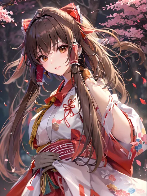 ((((equipped leather gloves,))))(((hakurei reimu,)))(((brown hair,brown eyes,)))((((miko)))),((1girl,Solo,))(Masterpiece,Best quality),((from side)),((((hair ribbons,has a bow in her hair,)))),((official art,))))((standing)),shukezouma, octane render, hdr,...