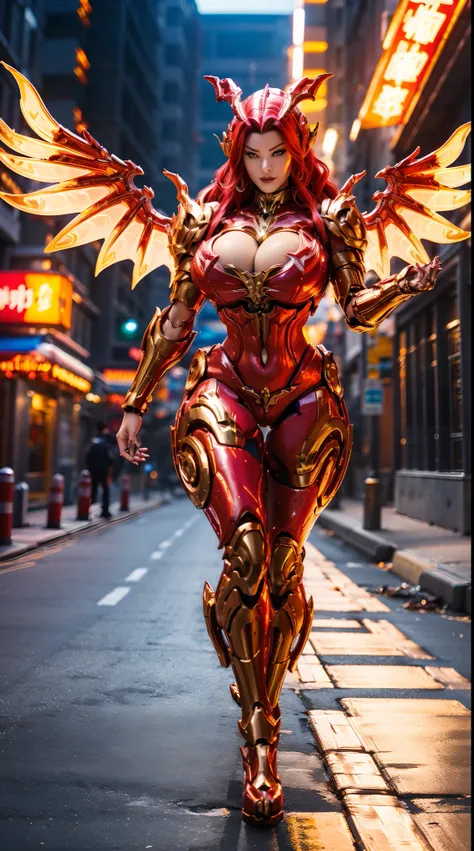 (DRAGON QUEEN), HUGE FAKE BOOBS, (BEAUTIFUL FACE), (GOLD, RED), (STREET CITY BACKGROUND), (((A PAIR OF HUGE MECHANICAL WINGS SPREAD OUT))), FUTURISTIC PHOENIX MECHA BODYSUIT, (CLEAVAGE), (SKINTIGHT YOGA PANTS), (HIGH HEELS), (PERFECT BODY:1.2), (FULL BODY ...