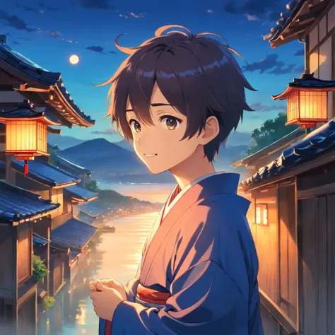 masterpiece, best quality, movie still, In the world of anime, a cinematic scene unfolds with breathtaking artistry. On the rooftop of a traditional Japanese village, a teenage boy with striking white hair and piercing crimson eyes is seated gracefully. Hi...