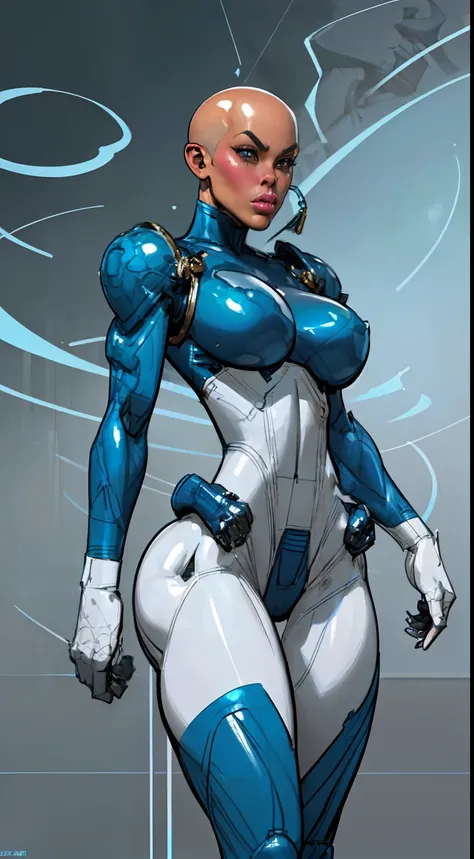 8k ((full body view))((view from below:1.5)),(large eyes:1.3), defined cheekbones, looking back, ((the pit style:1.4))((sleek dark blue bodysuit:1.6)) ((intricate metal details:1.4))detailed face:1.5), lightblue skin,(puffy lips:1.5) (lightblue skin:1.6), ...