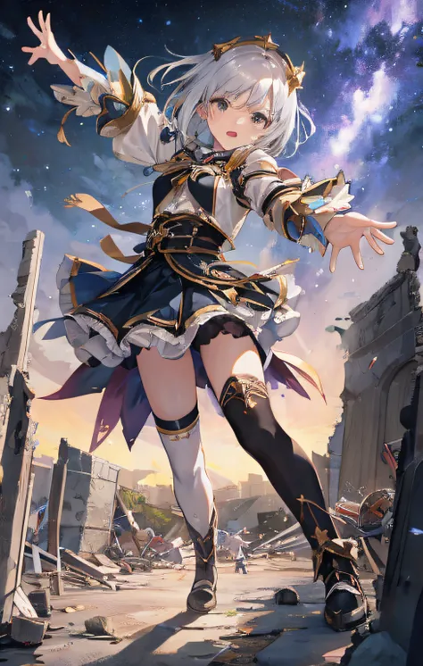 masutepiece, Best Quality, Extremely detailed, Anime, Magic, girl, bob cuts, zettai ryouiki, Silver hair, Black eyes, magical little girl, foreshortening, Starry sky, Ruins, nigh sky, Fighting, Kicking